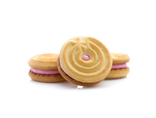 sandwich cookies with strawberry cream on white background