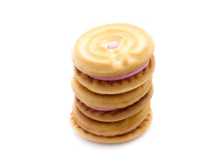 sandwich cookies with strawberry cream on white background