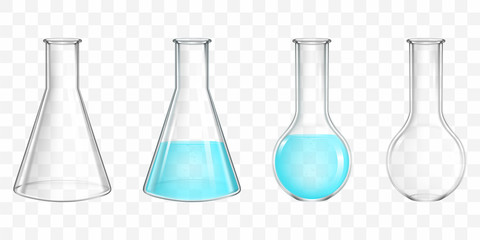 Different shape, empty, filled with water, blue liquid, chemical reagent lab flasks 3d realistic vector set isolated on transparent background. Scientific or medical laboratory glassware illustration - obrazy, fototapety, plakaty