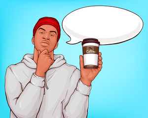 Coffee shop pop art vector advertising banner or poster template with pensive, thoughtful young african-american man in grey hoody and red beanie showing coffee paper cup illustration with speak cloud