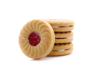 Jam sandwich biscuit from above isolated on white