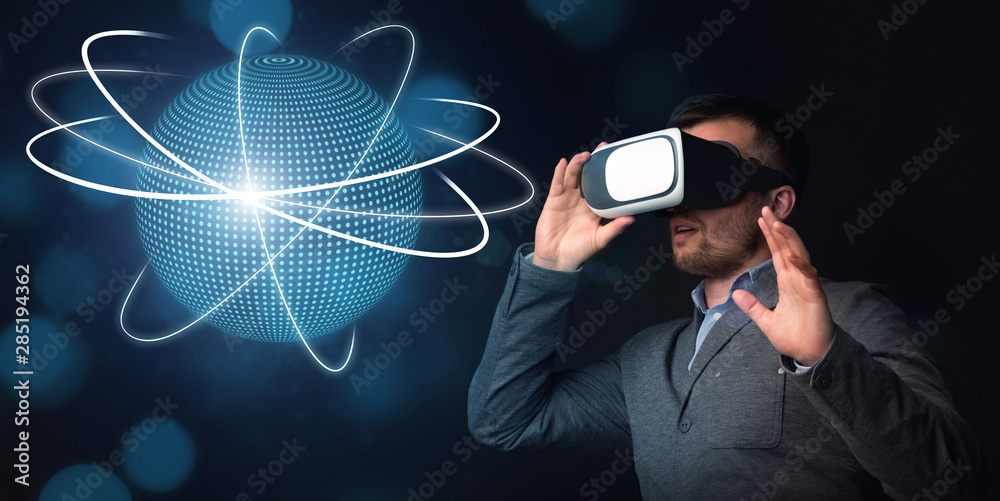 Poster Man watching on planet with lines through virtual glasses