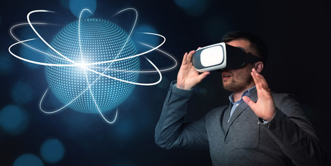 Man watching on planet with lines through virtual glasses