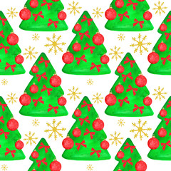 Watercolor New Year seamless pattern. Merry Christmas Winter Holiday Christmas Tree Bowknot Christmas Ornaments Snowflakes Design Posters Invitations Greeting Cards Scrapbooking Textile