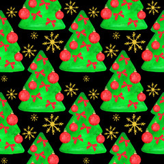 Watercolor New Year seamless pattern. Merry Christmas Winter Holiday Christmas Tree Bowknot Christmas Ornaments Snowflakes Design Posters Invitations Greeting Cards Scrapbooking Textile