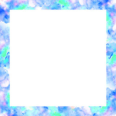 Bright blue frame of abstract watercolor spots. For artistic design of images, photos. It's hand painted.
