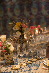 Elegant table set up for dinner, special event, party or wedding.