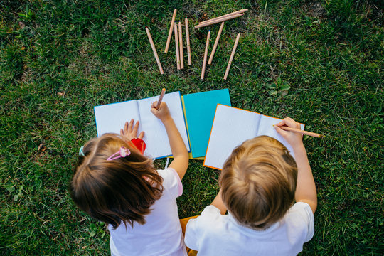 View from above of two children drawing with color pencils in exercise book while lying on green grass at yard outdoor.