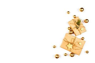Christmas card. Background with two gifts and gold balls.