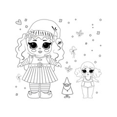 Kids coloring Christmas elf Lol Doll. Cute vector illustration.