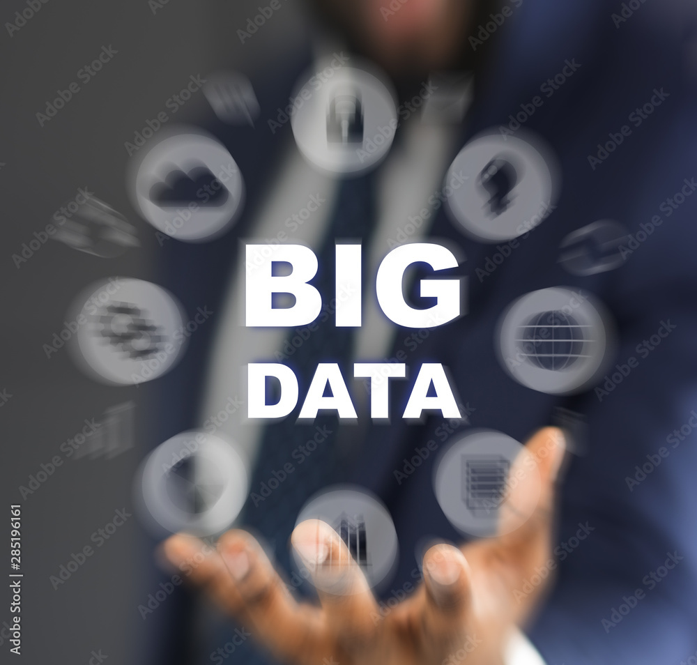Poster big data network with blurred financial icons