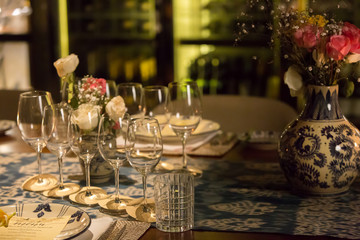 Elegant table set up for dinner, special event, party or wedding.