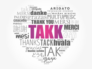 Takk (Thank You in Icelandic) love heart Word Cloud in different languages