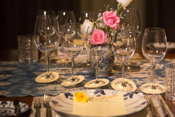 Elegant table set up for dinner, special event, party or wedding.