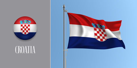 Croatia waving flag on flagpole and round icon vector illustration