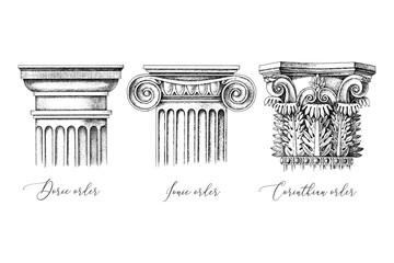 Architectural orders. 3 types of classical capitals - doric, ionic and corinthian