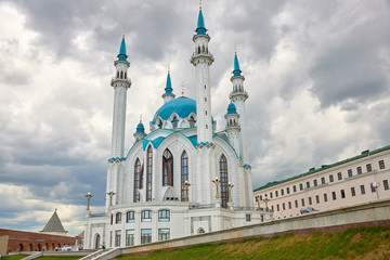 Kul Sharif mosque in Kazan Kremlin. Beautiful white mosque with blue domes. Historical, cultural, religious and tourist attraction of Russia.