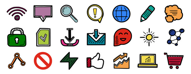 Set of hand drawn color web internet icons: wifi, speech bubble, magnifier, pencil, lock, email, stop and other symbos. Vector sketch style design