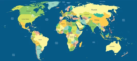 Abwaschbare Fototapete Weltkarte Sehr detaillierte politische Weltkarte