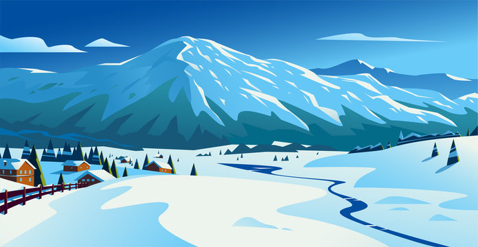 Vector flat landscape illustration of winter nature view: snowy hills, sky, mountains, river, cozy houses. Good for travel banner, card, vacation touristic advertising, winter resort brochure, flayer.