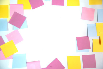 Fototapeta na wymiar Frame of Blank Sticky note , which is used for education, business, communication is stuck around the white background with copy space .Remember idea for team concept