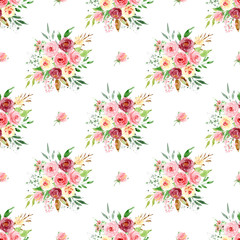 Seamless pattern, floral texture with watercolor flowers roses and leaves. Repeating fabric wallpaper print background. Perfectly for wrapping paper, backdrop, frame or border. 