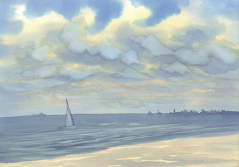 Seascape with a yacht watercolor background. Summer vacations