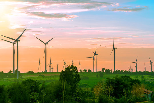 Landscape of farm big wind turbines which alternative energy innovation for production electricity energy from wind .Energy renewable energy saving environment earth concept