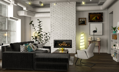 Gemütliches Wohnzimmer mit Sofa, Sessel und Lampen