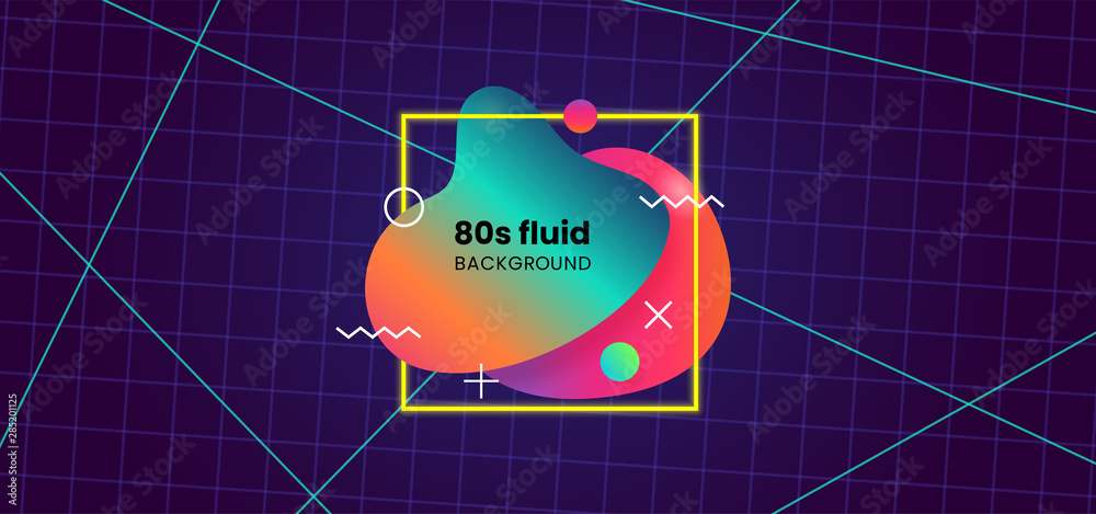 Poster fluid abstract dynamic shape trendy badge label design. 80s style liquid gradient color with geometr
