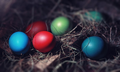 Easter painted eggs on burlap