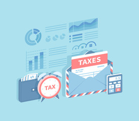 Payment of accounts and taxes. Filling and calculating tax form. Envelope with tax, invoices, wallet with money, calculator, alarm clock. Isometric 3d vector illustration.