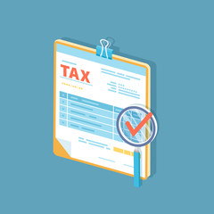 Tax form on the clipboard with magnifying glass. Unfilled minimalistic paper document. Government, State taxes. Payment day. Isometric 3d vector icon.