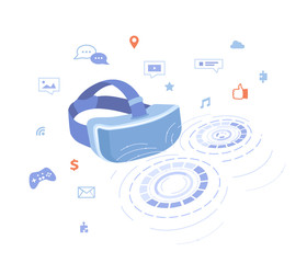Virtual Augmented Reality Glasses, VR concept, applications. Headset with hologram.Virtual reality games, education, communication, simulation.  Future innovation technology. illustration on white