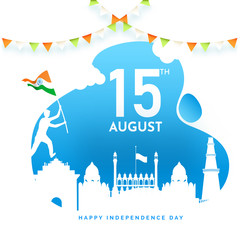 15th August Happy Independence Day poster or banner design with Indian famous monument like as Red fort, India gate and Qutub minar on abstract background.