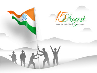 Silhouette character of Indian Army soldiers waving flag on white landscape background for 15 August Happy Independence Day poster or banner design.