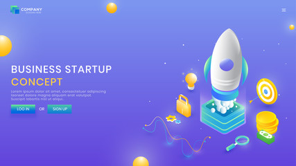 Business Start up website template design, 3d illustration of company launching new project with business element like as money, target board, lock and idea growth concept.