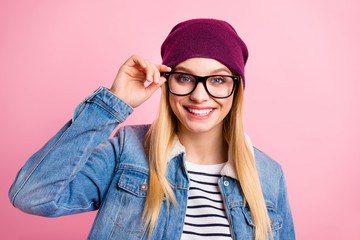 Photo of lovely dreamy lady in accessories wearing modern warm ourfit isolated with pink background