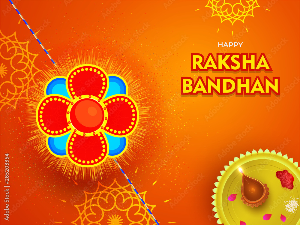 Canvas Prints beautiful rakhi (wristband) with worship plate on orange floral background for happy raksha bandhan 