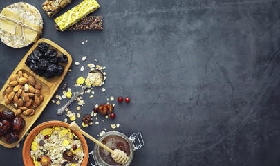 Healthy breakfast. Muesli from cereals with milk berries.