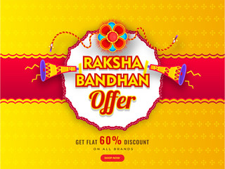 Advertising banner or poster design with decorative rakhi (Wristband), loudspeaker and 60% discount offer for Raksha Bandhan Sale.