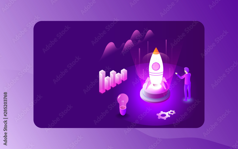 Canvas Prints businessman launching a successful rocket with digital rays for start up concept based isometric des