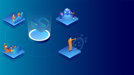 Illustration of people working different project with analysis data through VR glasses for virtual co-working concept based isometric design.