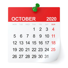 October 2020 - Calendar. Isolated on White Background. 3D Illustration