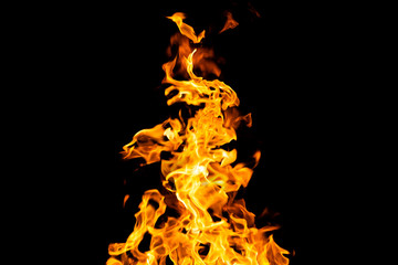 The biggest fire flames of realistic burning on black background. For art work design, banner or backdrop.