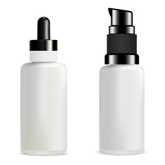 Serum Dropper Bottle. 3d Medicine Vial. Aroma Oil Drop for Skin Care. Natural Treatment Tube Mock Up. Pump Dispenser Medical Package Design. Glass Container for Hair Essence. Empty Jar Template