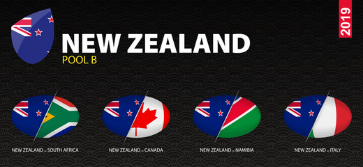 All games of New Zealand rugby team in pool B stylized as icons.
