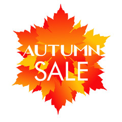 Logotipo con texto Autumn Sale en blanco sobre hojas de arce en color naranja