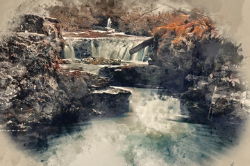 Digital watercolor painting of Beautiful waterfall landscape image in forest during Autumn Fall in Wales UK