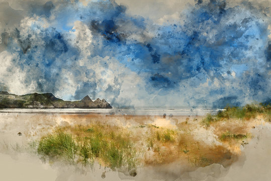 Digital watercolor painting of Beautiful blue sky morning landscape over sandy Three Cliffs Bay